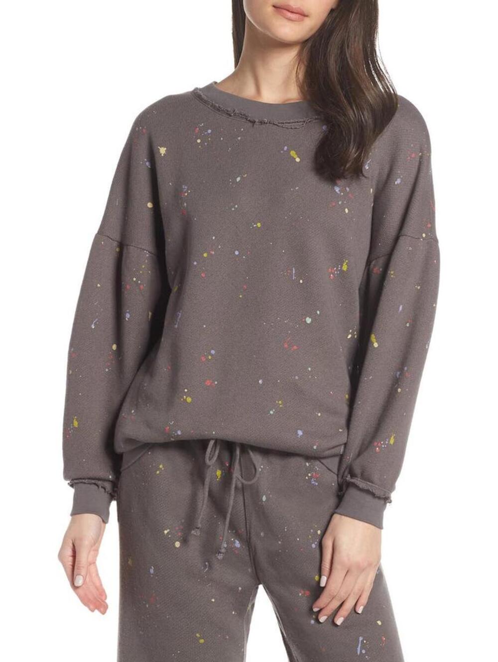 Free People Movement Make It Count Gray Splatter Printed Sweatshirt- Size Medium